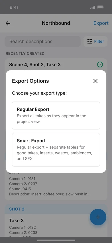 Export options: regular export or smart export