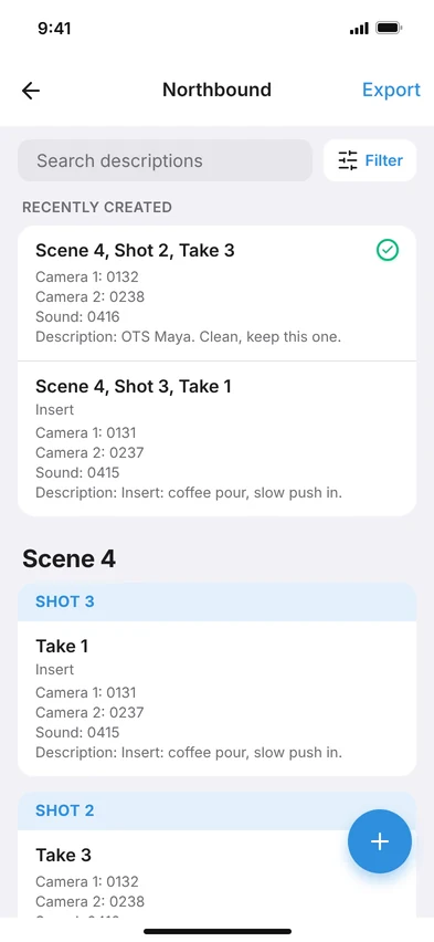 Film logs grouped by scene and shot, with search