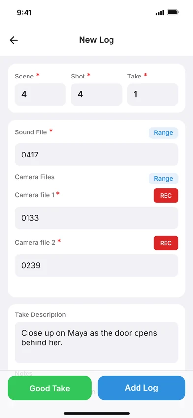 New log screen with scene, shot, take and file numbers filled in
