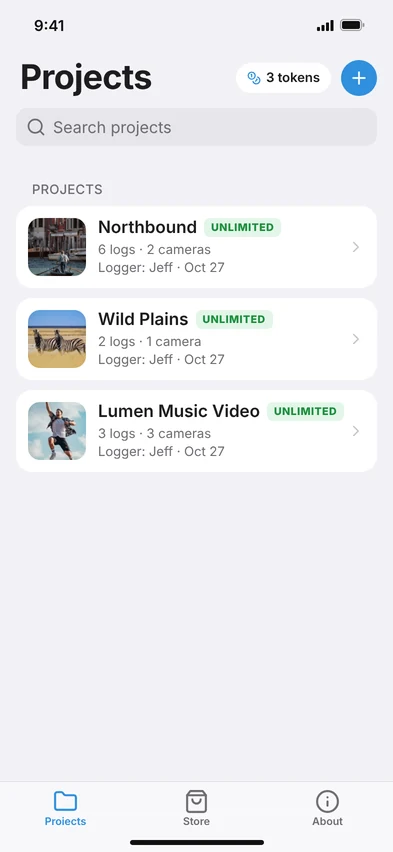 LogMe projects list showing three film projects with photo thumbnails